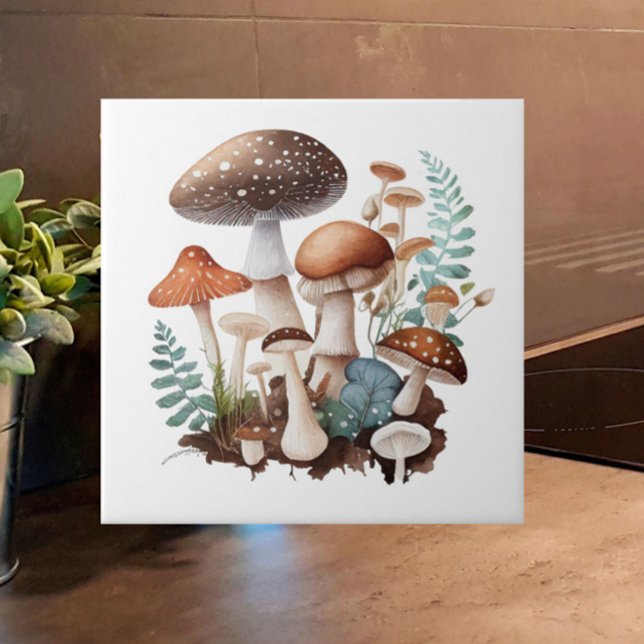 Erdbraun-neutraler Wald-Pilzkern Fliese (Add Cottagecore charm + warmth to your tiled space with this earthy brown neutrals mushroom tile!)