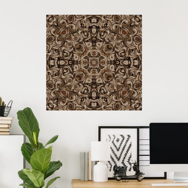 Erdbraune Swirl Mandala mit Holzkorneffekt Poster (Heimbüro)