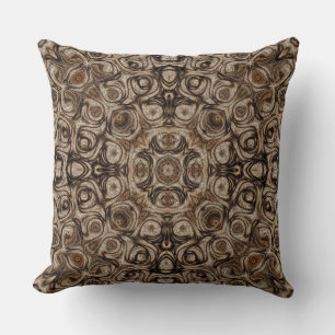 Erdbrauner Swirl-Mandala mit Holzkorn-Effekt Kissen