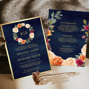 Erde Floraler Kranz Alles in Einem Navy-Hochzeit Einladung