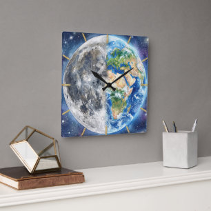 Erde & Mond Wasserfarben-Galaxie Himmelsdesign Quadratische Wanduhr