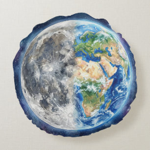 Erde & Mond Wasserfarben-Galaxie Himmelsdesign Rundes Kissen