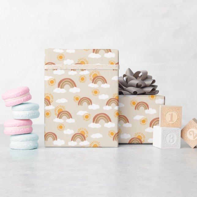 Erde Tone Regenbogen und Goldene Sonne mit Wolken Geschenkpapier (Babyparty)