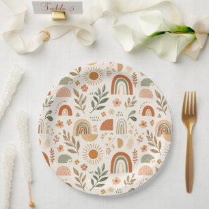 Erdige Boho-Regenbogen-Sonne-Blumen-Papierplatte Pappteller