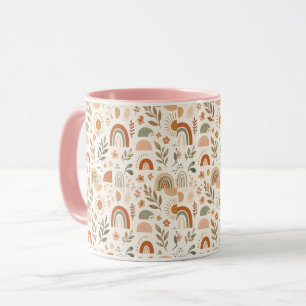 Erdige Boho-Regenbogen-Sonne-Floral-Keramiktasse Tasse