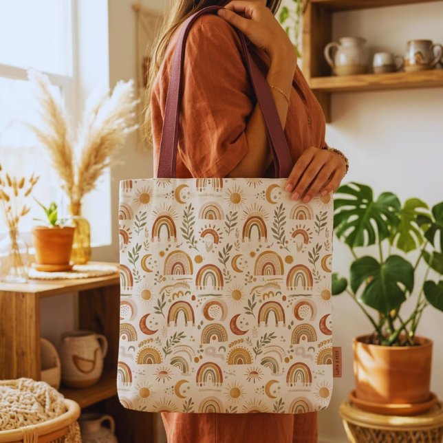 Erdige Boho-Regenbogen- und Botanik-Leinwand-Tasch Tasche (Trendy Boho Terracotta Rainbow Tote Bag for busy moms. Earthy aesthetic daily shoulder bag.)