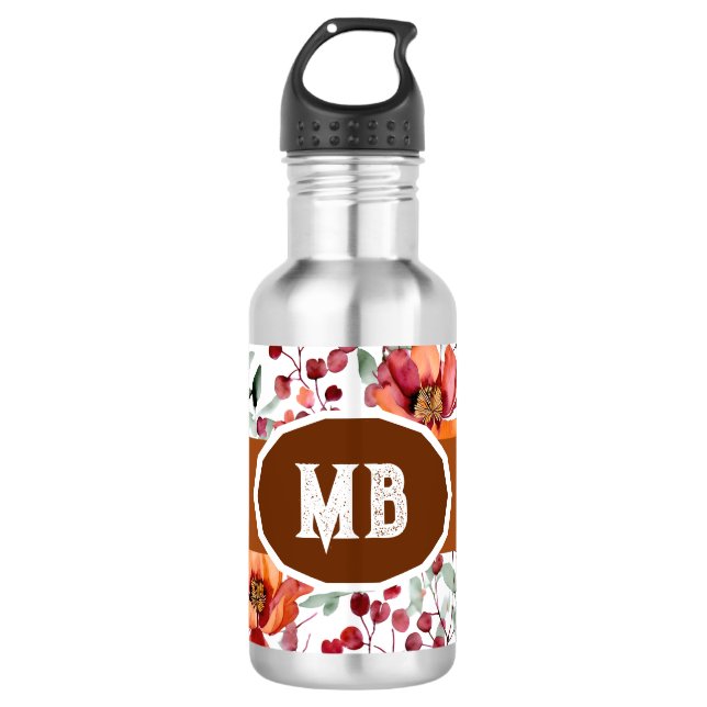 Erdige Farben, Herbstblumen-Monogramm Edelstahlflasche (Vorderseite)