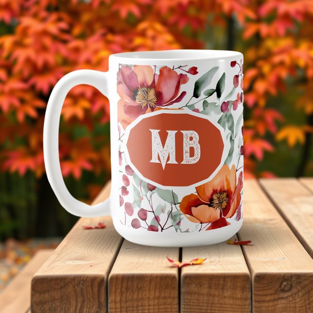 Erdige Farben, Herbstblumen Monogramm Kaffeetasse (Von Creator hochgeladen)