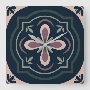 erdige farbene florale geometrische Fliesen Quadratische Wanduhr