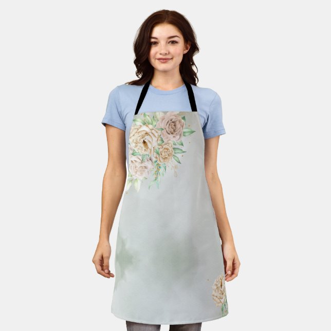 Erdige Farbtöne Blumen Boho Elegant Salbeigrün Schürze (Getragen)