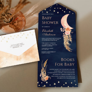 Erdige Florale Mondsichel Navyblaue Babyparty All In One Einladung