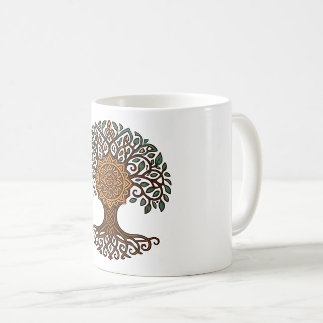 Erdige Mandala Baum des Lebens Tasse | Braun Grüne (VorderseiteRechts)