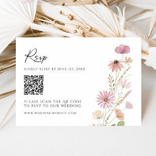 Erdige neutrale Wildblumen-QR-Code-Hochzeits-RSVP RSVP Karte