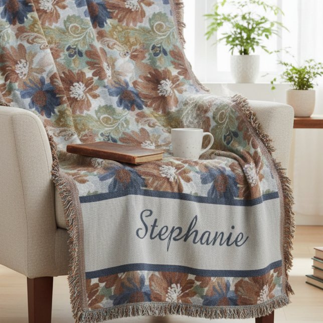 Erdige Rust-Navy-Botanik-Kunst zur Förderung der A Decke (Personalized boho floral throw blanket)