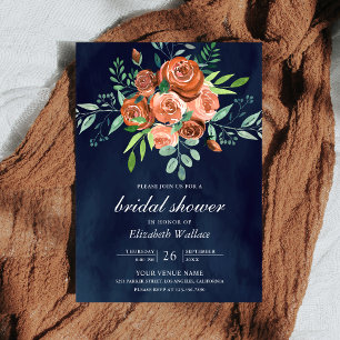 Erdige verbrannte orange Rosen marineblaue Brautpa Einladung
