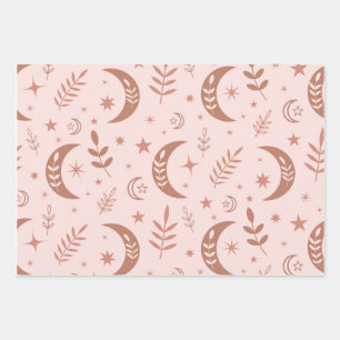Erdiger brauner Boho-Mond auf cremefarbenem Hinter Geschenkpapier Set