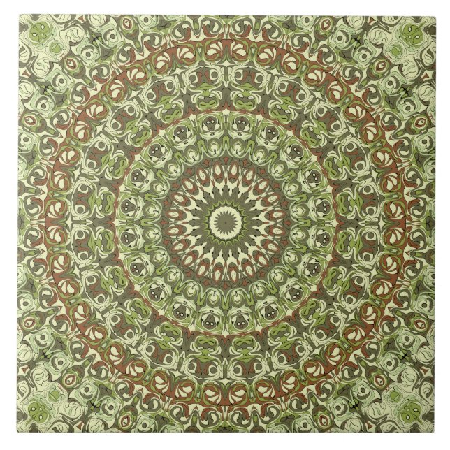 Erdiger grüner und brauner Mandala-Musterentwurf Fliese (Vorderseite)