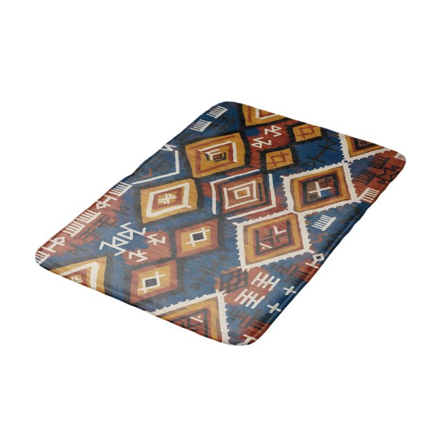 Erdiger Indigo Nomade – Artisanal Tribal-Patchwork Badematte (Schrägansicht)