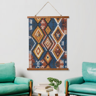 Erdiger Indigo-Nomade – Artisanaler tribaler Patch Wandteppich Mit Holzrahmen