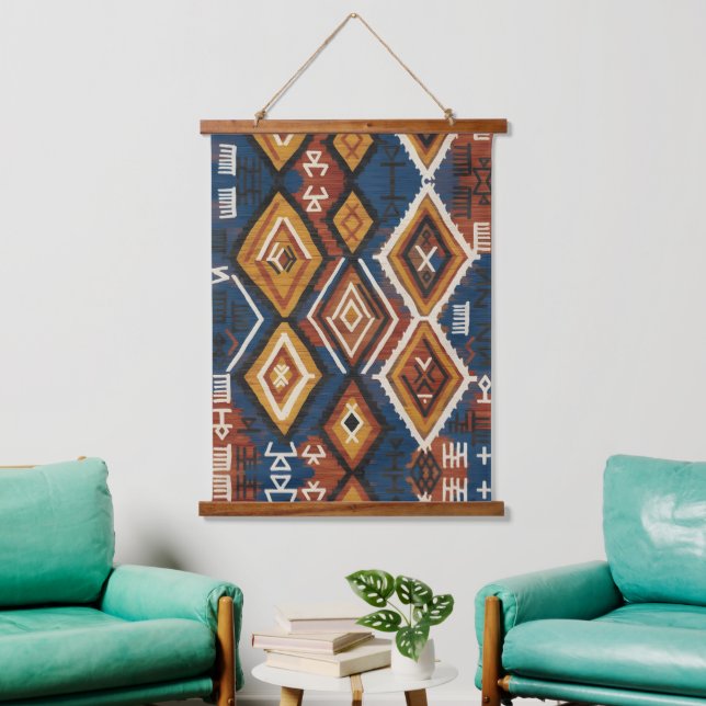 Erdiger Indigo-Nomade – Artisanaler tribaler Patch Wandteppich Mit Holzrahmen (Wohnzimmer)
