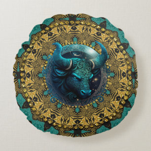 Erdiges Gold Teal Stammes-Taurus-Sternzeichen Rundes Kissen