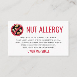 Erdnuss-Baum-Nuss-Allergie-Alarm-Restaurant-Karte Visitenkarte