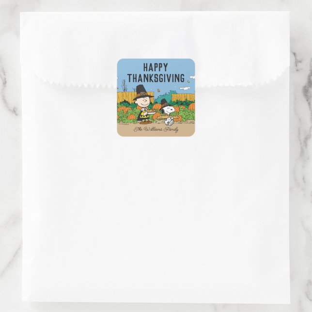 Erdnüsse | Charlie Brown Erntedank Ihren Namen hin Quadratischer Aufkleber (Tasche)