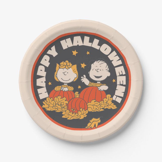 Erdnüsse | Frohe Halloween Sally & Linus Pappteller (Vorderseite)