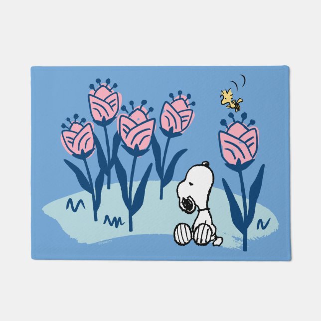 Erdnüsse | Garten mit Snoopie und Holzblumen Fußmatte (Vorderseite)