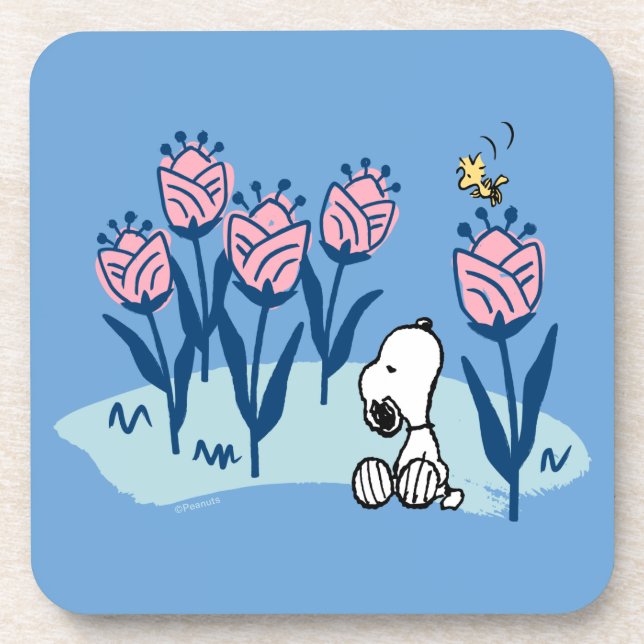 Erdnüsse | Garten mit Snoopie und Holzblumen Getränkeuntersetzer (Vorderseite)