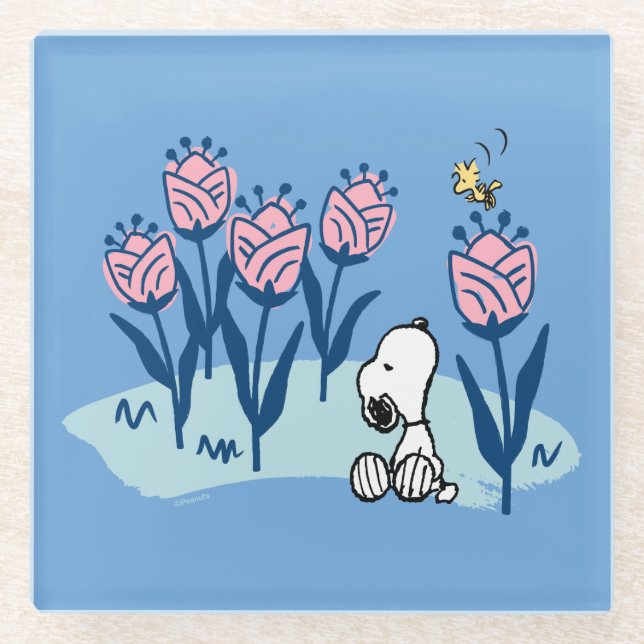Erdnüsse | Garten mit Snoopie und Holzblumen Glasuntersetzer (Vorderseite)