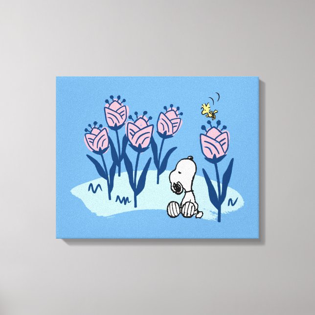 Erdnüsse | Garten mit Snoopie und Holzblumen Leinwanddruck (Vorderseite)