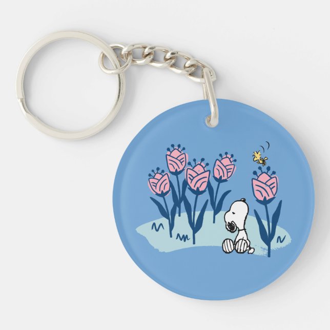 Erdnüsse | Garten mit Snoopie und Holzblumen Schlüsselanhänger (Vorderseite)