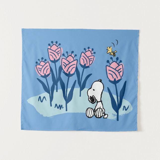 Erdnüsse | Garten mit Snoopie und Holzblumen Wandteppich (Vorderseite (Horizontal))