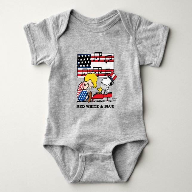 Erdnüsse | Patriotic Schroeder, Woodstock & Snoopy Baby Strampler (Vorderseite)