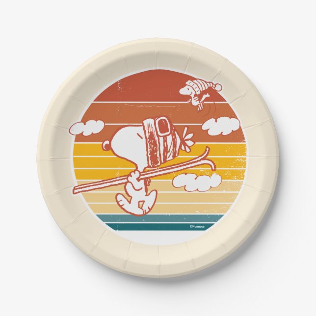 Erdnüsse | Skitour Snoopy & Woodstock Pappteller (Vorderseite)
