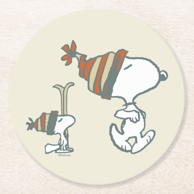 Erdnüsse | Skitour Snoopy & Woodstock Runder Pappuntersetzer (Vorderseite)
