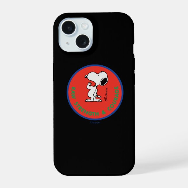 Erdnüsse | Snoopy Row Stärke & Mut Abzeichen iPhone 15 Hülle (Rückseite)