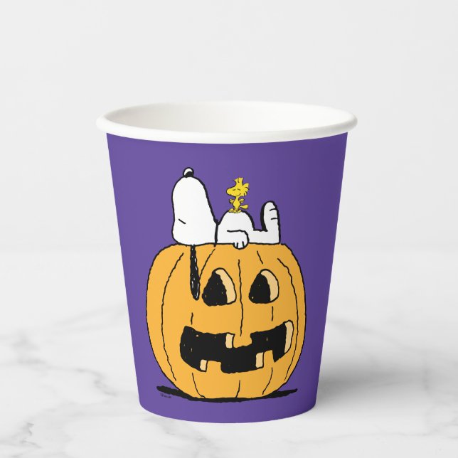 Erdnüsse | Snoopy und Jack-O-Lantern aus Holz Pappbecher (Vorderseite)
