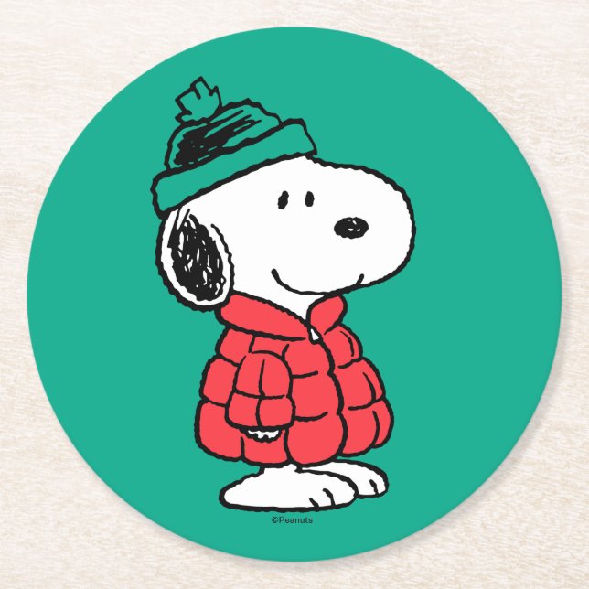 Erdnüsse | Snoopy Winter Coat & Hat Runder Pappuntersetzer (Vorderseite)
