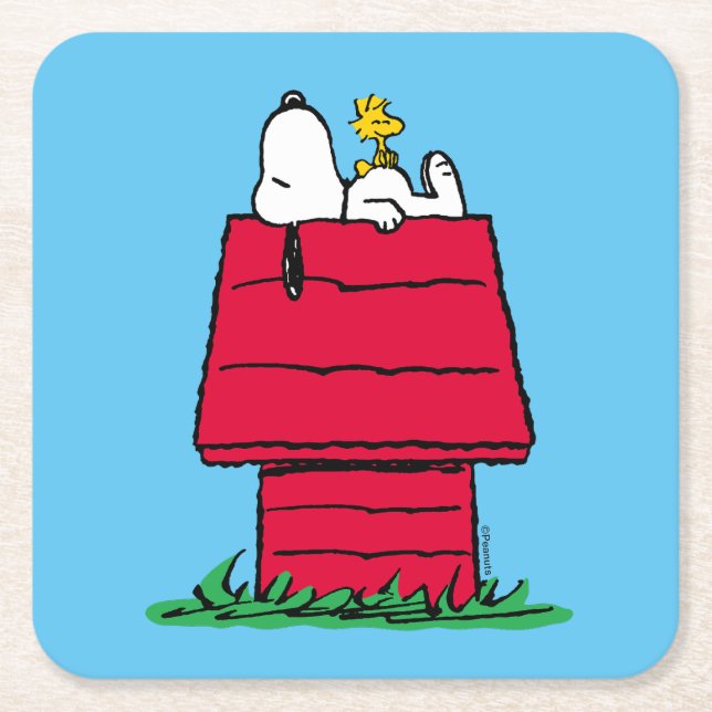 Erdnüsse | Snoopy & Woodstock Doghouse Rechteckiger Pappuntersetzer (Vorderseite)