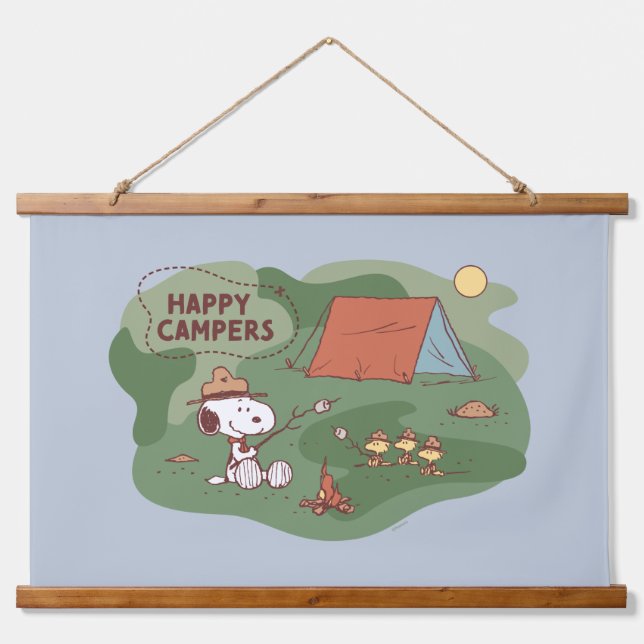 Erdnüsse | Snoopy & Woodstock Happy Campers 2 Wandteppich Mit Holzrahmen (Vorne)