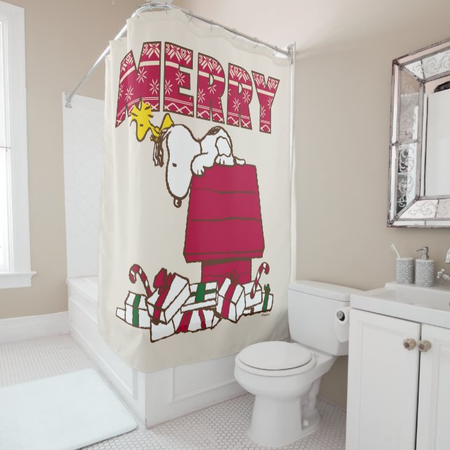 Erdnüsse | Snoopy & Woodstock Merry Ugly Sweater Duschvorhang (Beispiel)