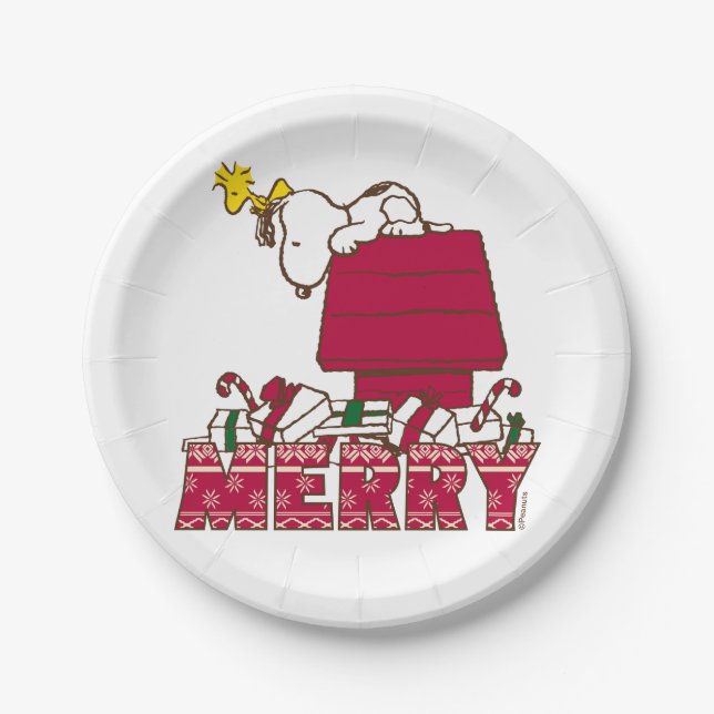 Erdnüsse | Snoopy & Woodstock Merry Ugly Sweater Pappteller (Vorderseite)