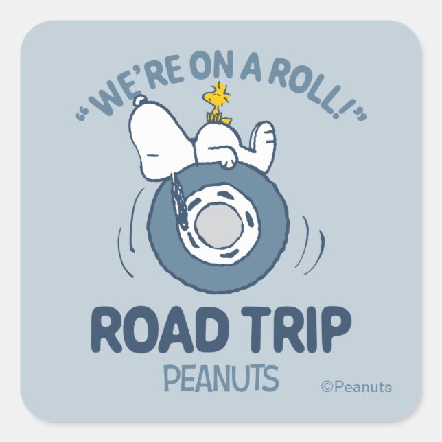 Erdnüsse | Snoopy & Woodstock Road Trip Quadratischer Aufkleber (Vorderseite)