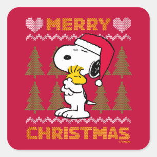 Erdnüsse Snoopy & Woodstock Santa Claus Hug Quadratischer Aufkleber