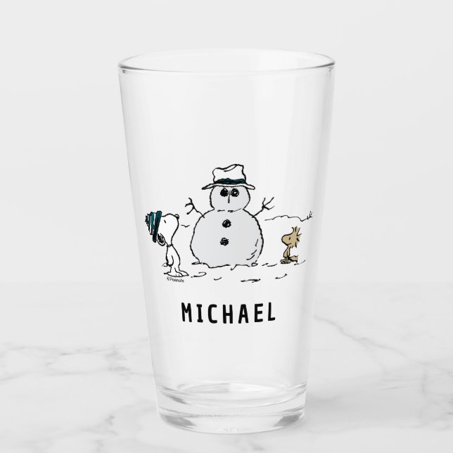 Erdnüsse | Snoopy & Woodstock Snowman | Name hinzu Glas (Vorderseite)