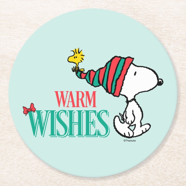 Erdnüsse | Snoopy & Woodstock Warme Wünsche Runder Pappuntersetzer (Vorderseite)