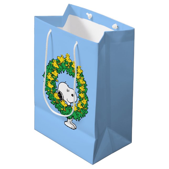 Erdnüsse | Snoopy & Woodstock Weihnachtskranz Mittlere Geschenktüte (Vorderseite Schrägansicht)