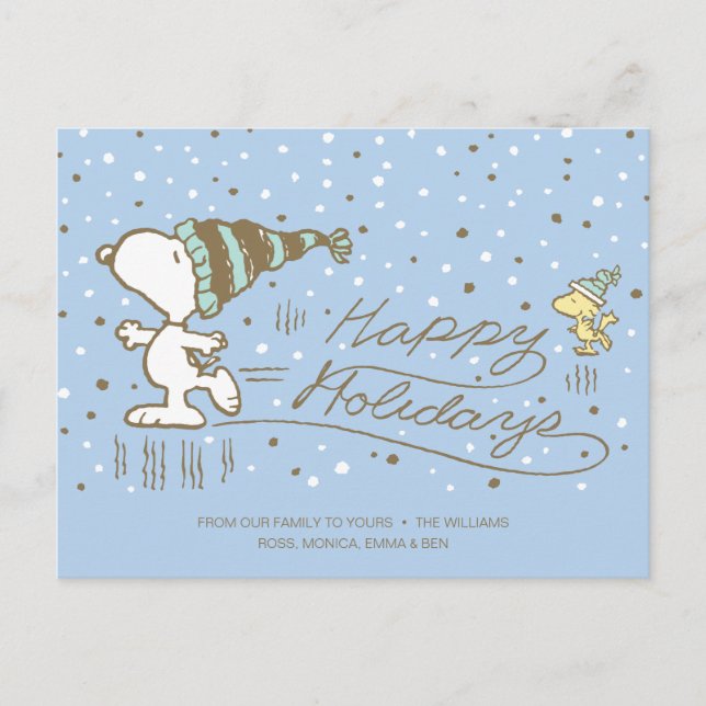 Erdnüsse | Snoopy & Woodstock Winter Skaten Feiertagspostkarte (Vorderseite)